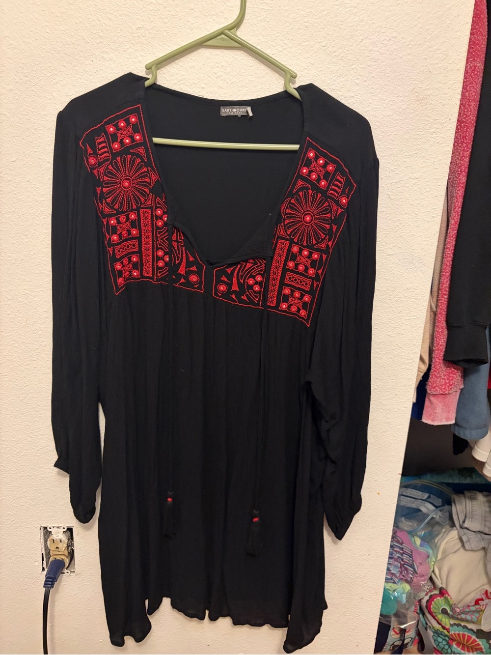EARTHBOUND Black Tunic with Red Embroidered Yoke and Tassels
